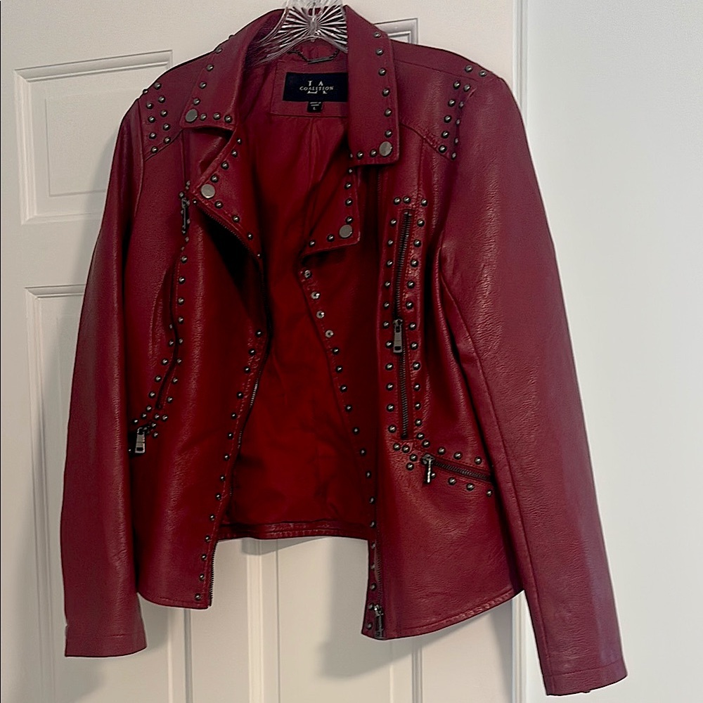 Red faux Leather Jacket with Studs